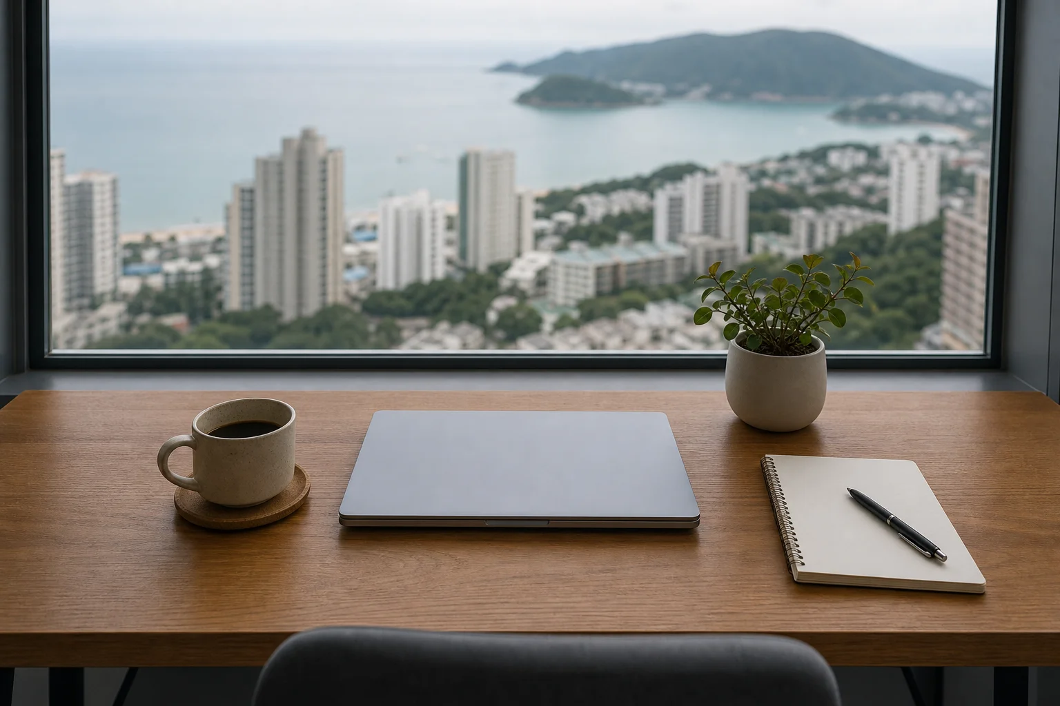 Mesa de trabalho com notebook, caderno e xícara de café junto à janela, com orla urbana desfocada ao fundo