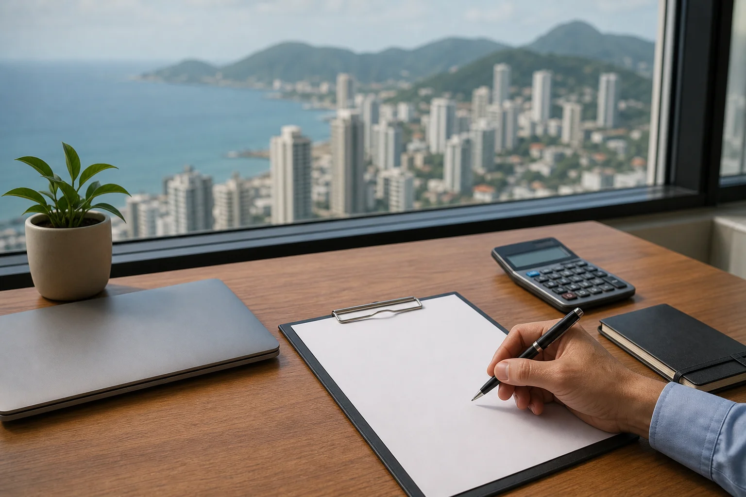 Mesa de trabalho com contrato em branco, caneta, calculadora e caderno, com cidade litorânea desfocada pela janela
