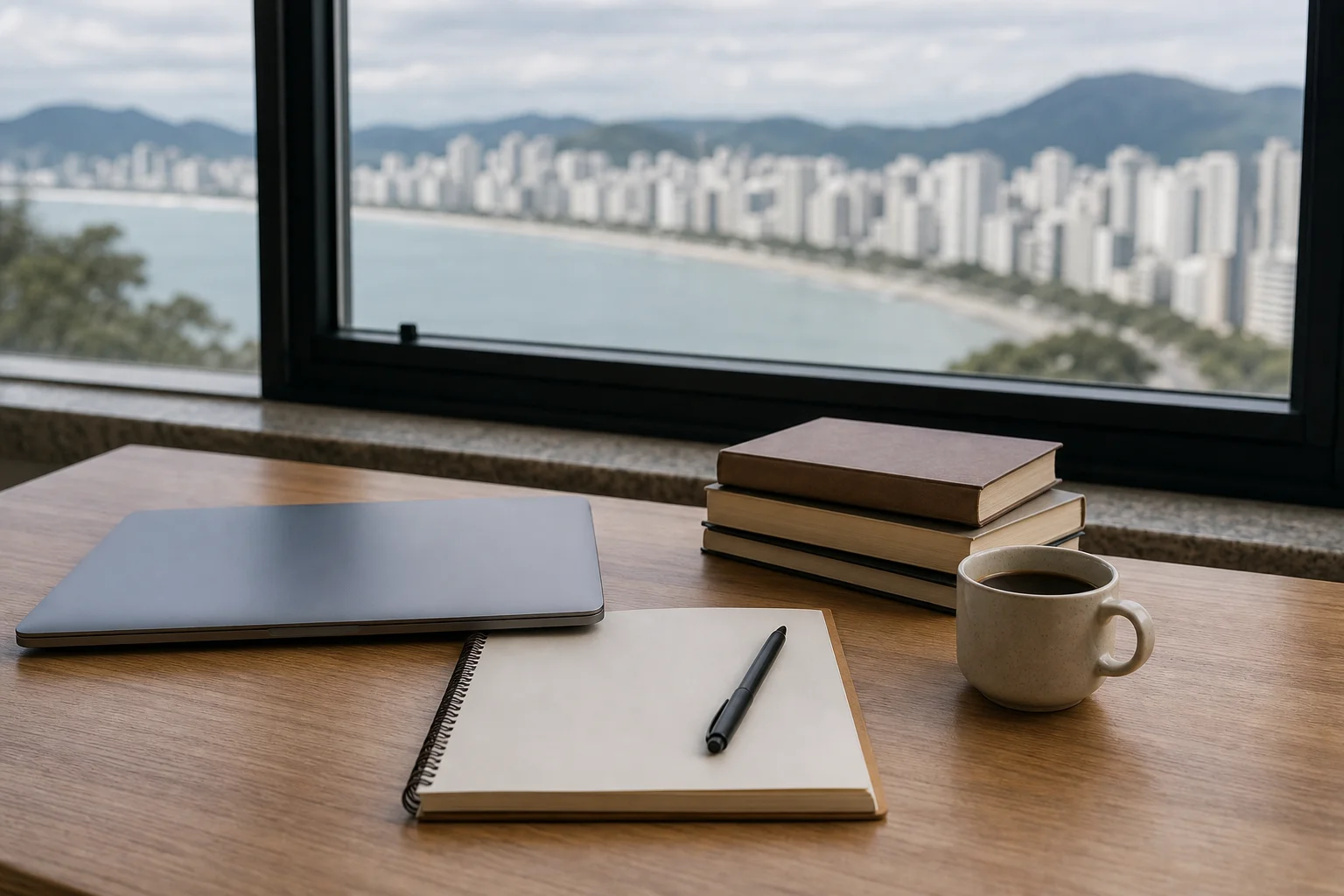 Mesa de estudos com notebook fechado, caderno, livros e xícara de café ao lado de uma janela, com luz natural.