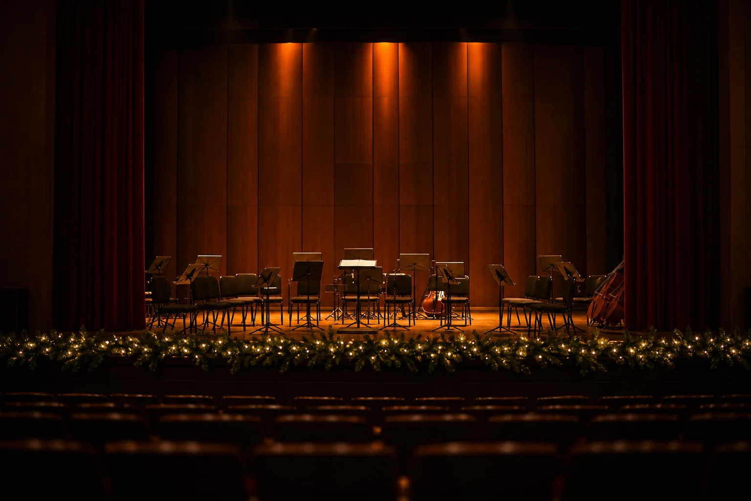 Palco de teatro vazio com estantes de partitura, cortinas vermelhas e luzes natalinas discretas, com poltronas desfocadas em primeiro plano