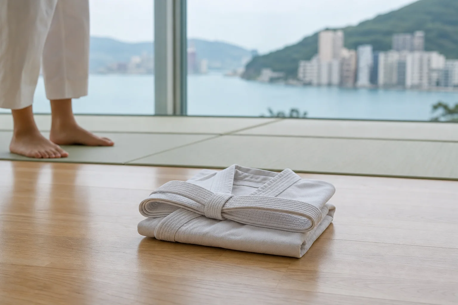 Kimono branco de karatê dobrado com faixa sobre piso de madeira, com orla urbana desfocada ao fundo