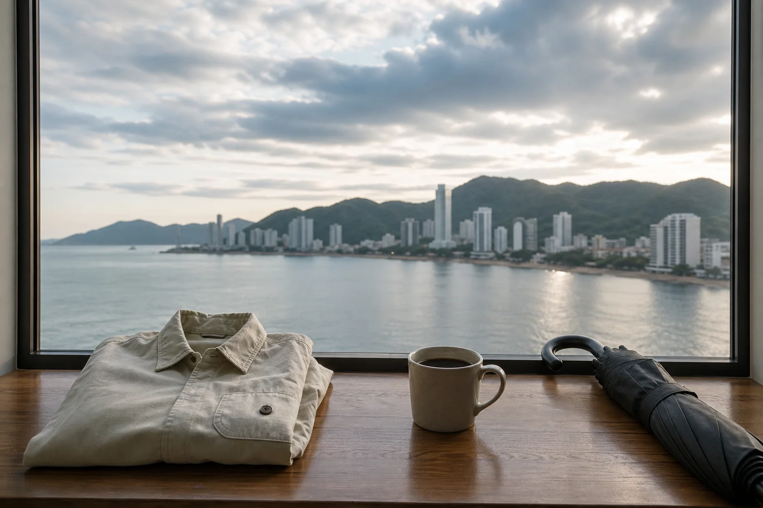 Janela com vista desfocada de orla e morros, com casaco, xícara de café e guarda-chuva sobre a mesa em dia nublado