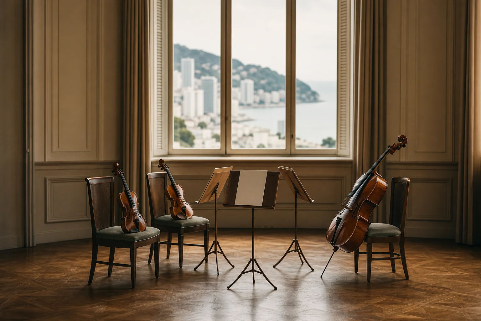 Violinos, viola e violoncelo sobre cadeiras ao lado de estantes de partitura em sala de concerto, com orla desfocada ao fundo