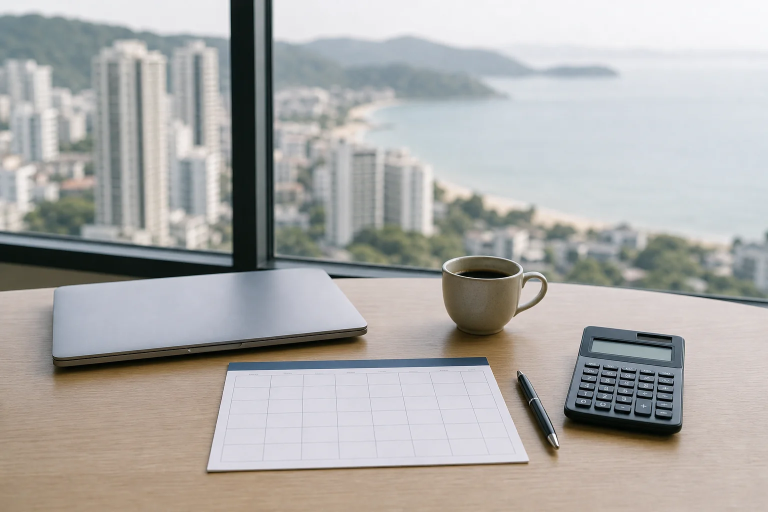 Mesa de escritório com calculadora, caderno e café diante de janela com orla urbana desfocada ao fundo