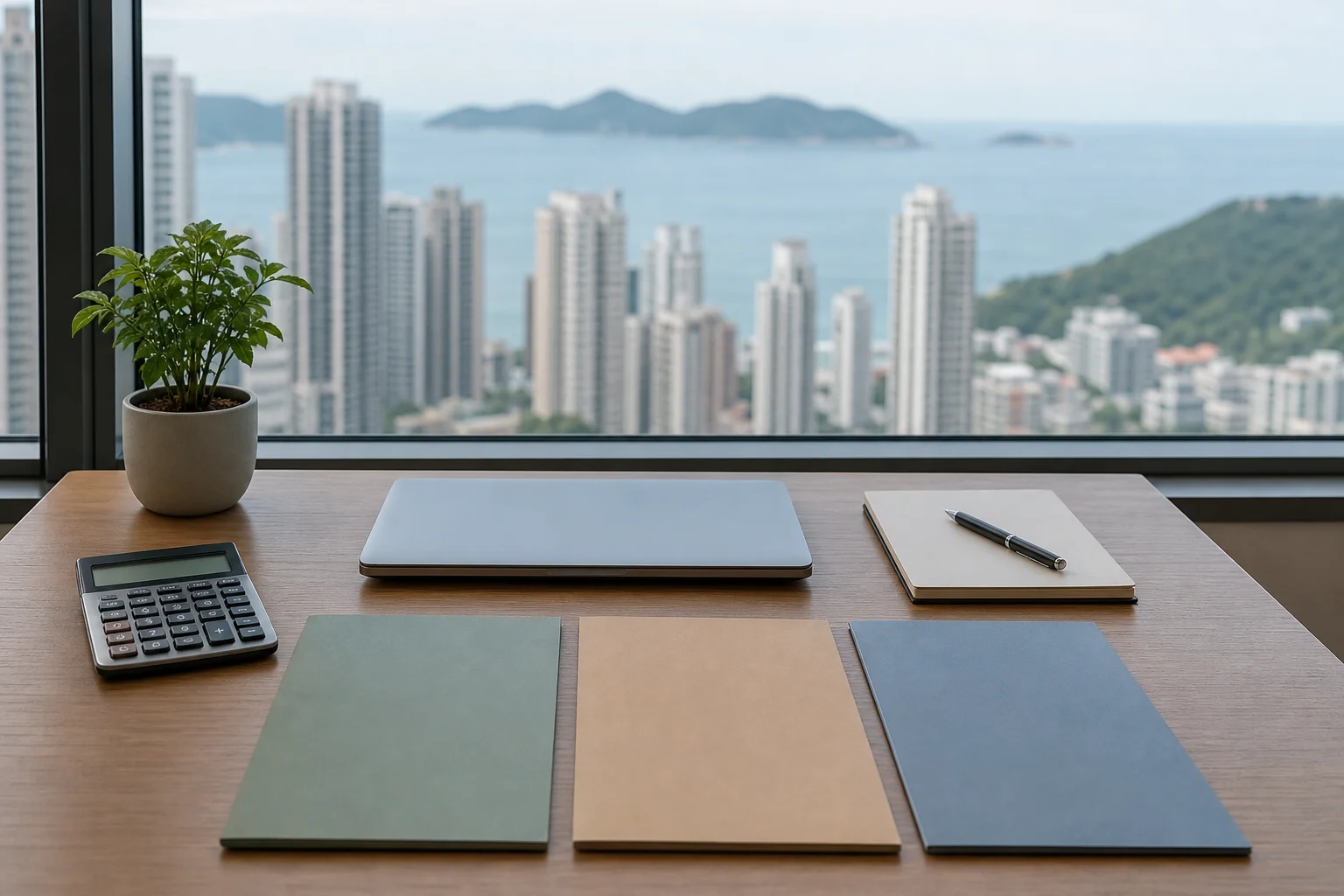 Mesa de escritório com calculadora, caderno e três pastas lisas, com cidade litorânea desfocada na janela