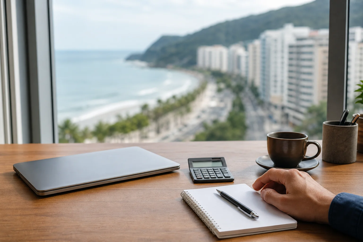 Mesa de escritório com calculadora, bloco de notas e café, com orla de prédios e mar ao fundo desfocados